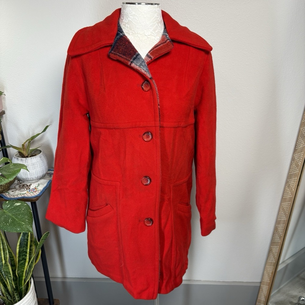 VTG M. Liman Co Penguin Women's ~S/M * ~ Red Wool Pea Coat Plaid Lining Vintage